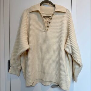 Mara Hoffman 100% Wool Juliana Cream Ribbed Button Collared Sweater 2X Plus Size